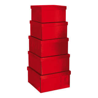 Boxen 5 Stk./Satz, quadratisch, nestend, Pappe     Groesse: 20x20x11,5cm 21,5x21,5x12cm 23x23x12,5cm, 24,5x24,5x13cm und 26x26x13,5cm    Farbe: rot