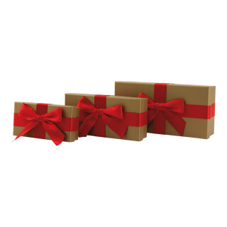 Geschenkboxen 3 Stk./Set, mit Satinschleife, rechteckig, ineinander passend     Groesse: 30x15x8cm,25x12x6cm, 20x10x5cm    Farbe: gold/rot