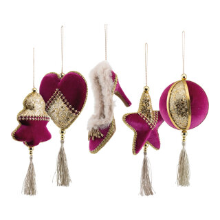 Baumschmuck 5 Stk., aus Styropor/Samt, sortiert, mit Hänger     Groesse: 8-12cm    Farbe: fuchsia/gold