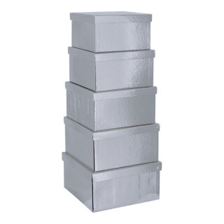 Boxen 5 Stk./Satz, quadratisch, nestend, Pappe     Groesse: 20x20x11,5cm 21,5x21,5x12cm 23x23x12,5cm, 24,5x24,5x13cm und 26x26x13,5cm    Farbe: silber